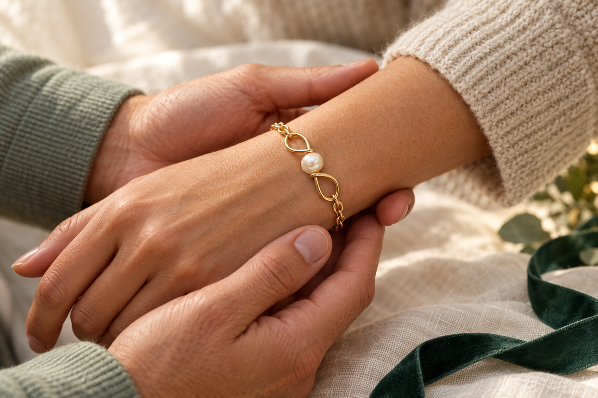 Two hands gently holding a wrist wearing a pearl bracelet