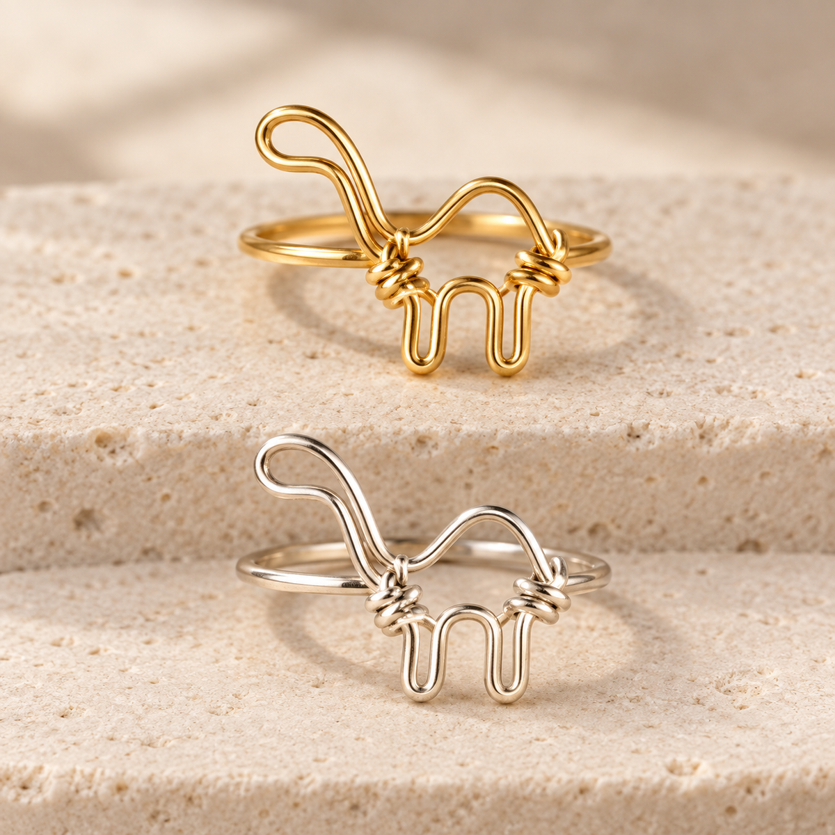 Animal Wire Ring in gold-filled and sterling silver, shown together to compare material options; sold individually.
