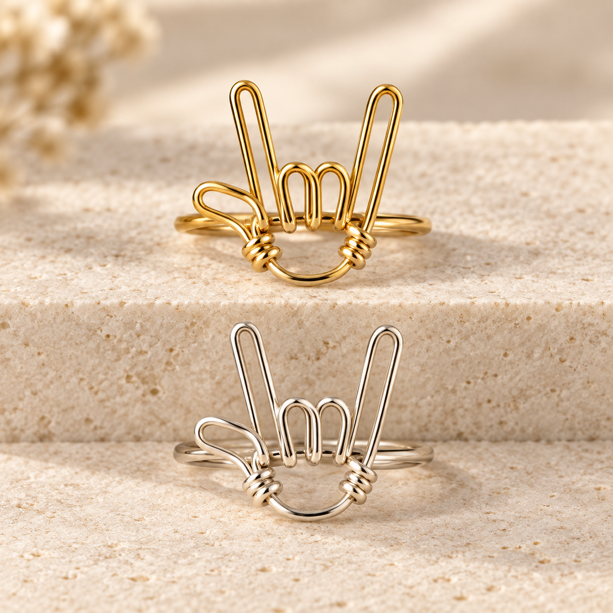 I Love You Wire Ring in gold-filled and sterling silver, shown together to compare material options; sold individually.
