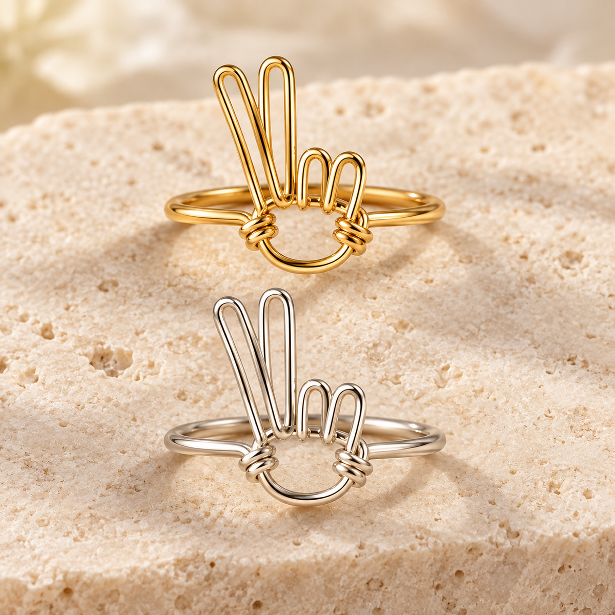 Peace Sign Wire Ring in gold-filled and sterling silver, shown together to compare material options; sold individually.